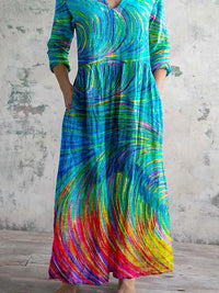 Women's Art Rainbow Print V-Neck Cotton and Linen Dress