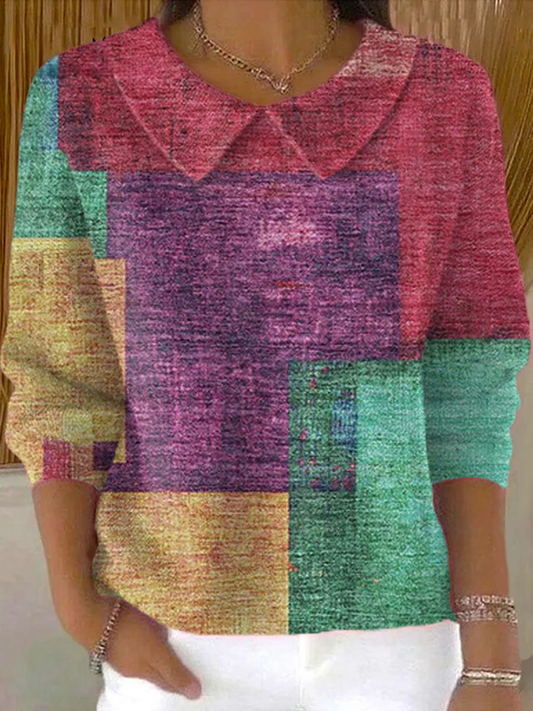 Women's Vintage Abstract Geometry Art Print Casual Peter Pan Collar 3/4 Sleeve Sweater