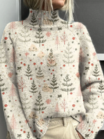 Women's Lovely Christmas Tree Art Print Knit Turtleneck Pullover Sweater