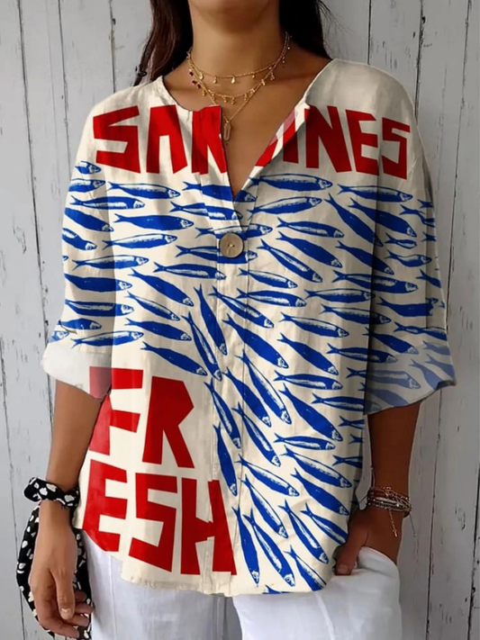 Women's Vintage Fish Art Print Casual Cotton And Linen Shirt