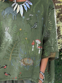 Woodland And Animals Repeat Pattern Printed Women's Casual Cotton And Linen Shirt