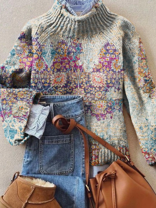 Vintage Floral Art Print Knit Turtleneck Pullover Sweater