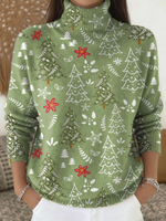 Women's Christmas Tree Art Print Casual Knit Turtleneck Pullover Sweater