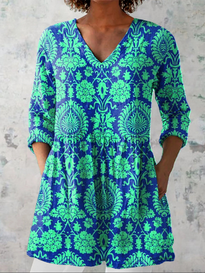 Vibrant Summer Ethnic Pattern Printed Women's Casual Linen V-Neck Tunic