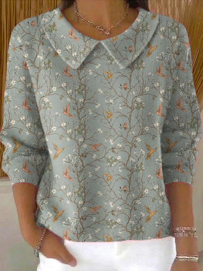 Women's Vintage Flower Art Print Casual Peter Pan Collar 3/4 Sleeve Sweater