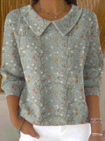 Women's Vintage Flower Art Print Casual Peter Pan Collar 3/4 Sleeve Sweater