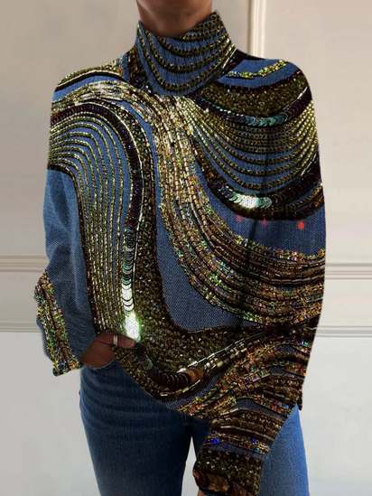 Luxurious Flowing Bead Art Print Knit Turtleneck Pullover Sweater