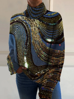 Luxurious Flowing Bead Art Print Knit Turtleneck Pullover Sweater