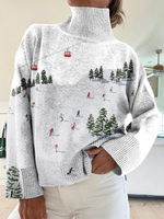 Women's Ski Pattern Art Print Knit Turtleneck Pullover Sweater