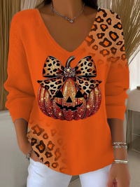 Women's Leopard Print Pumpkin V-Neck Sweater Top