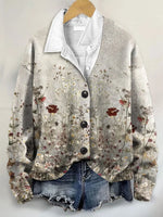 Vintage Floral Art Print Buttoned V-neck Cardigan Sweater