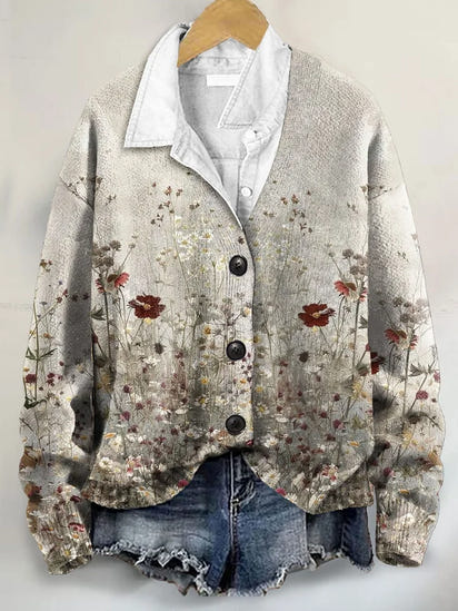 Vintage Floral Art Print Buttoned V-neck Cardigan Sweater