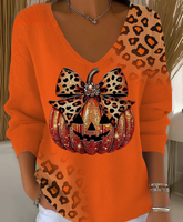 Women's Leopard Print Pumpkin V-Neck Sweater Top