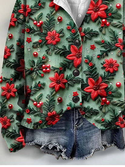 Vintage Christmas Floral 3D Art Print Buttoned V-neck Cardigan Sweater