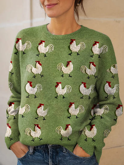 Women's Lovely Chicken Art Print Knit Pullover Sweater