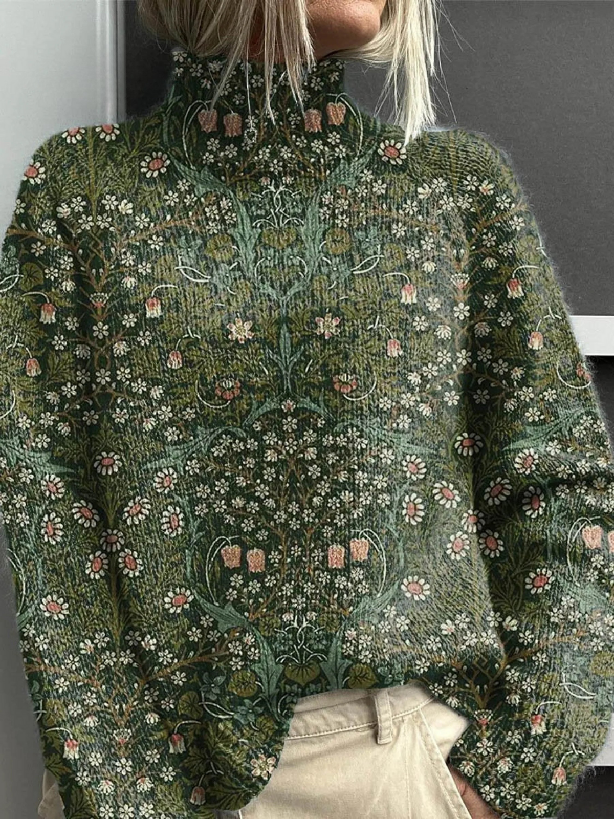 Women's Vintage Lovely Floral Art Print Knit Turtleneck Pullover Sweater