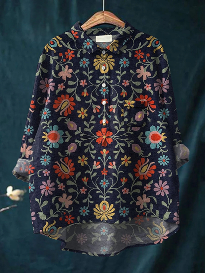 Women's Vintage Flower Art Print Casual Cotton And Linen Shirt