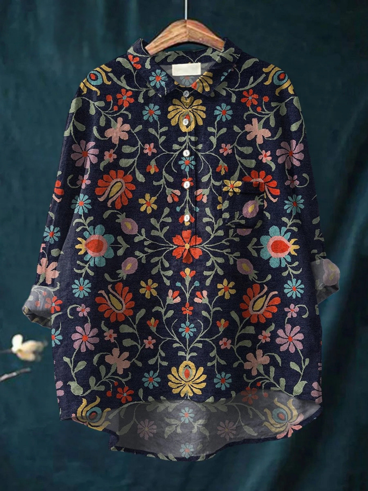 Women's Vintage Flower Art Print Casual Cotton And Linen Shirt