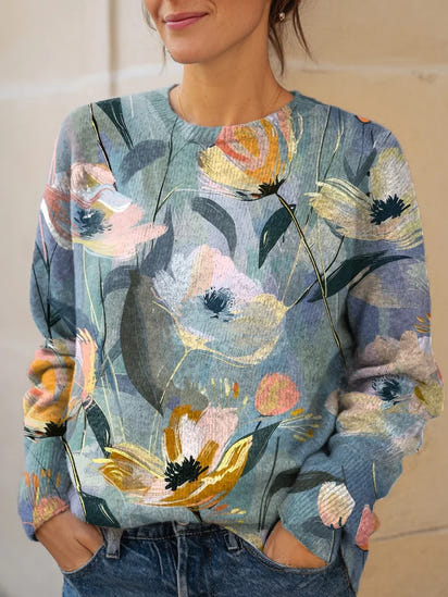 Women's Vintage Artistic Floral Print Knit Pullover Sweater