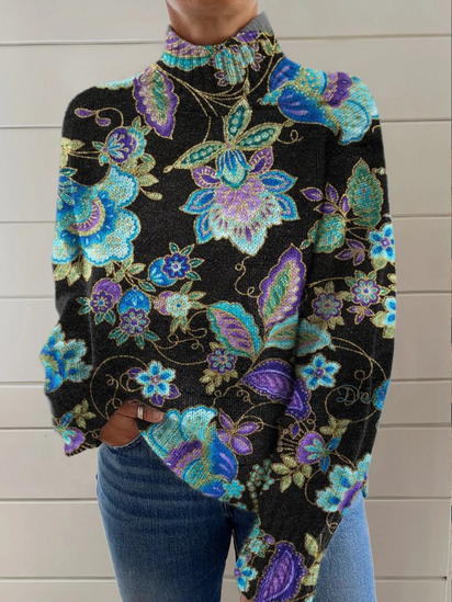 Vintage Blue Ethnic Florals Art Print Knit Turtleneck Pullover Sweater