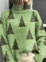 Women's Lovely Christmas Tree Art Print Knit Turtleneck Pullover Sweater