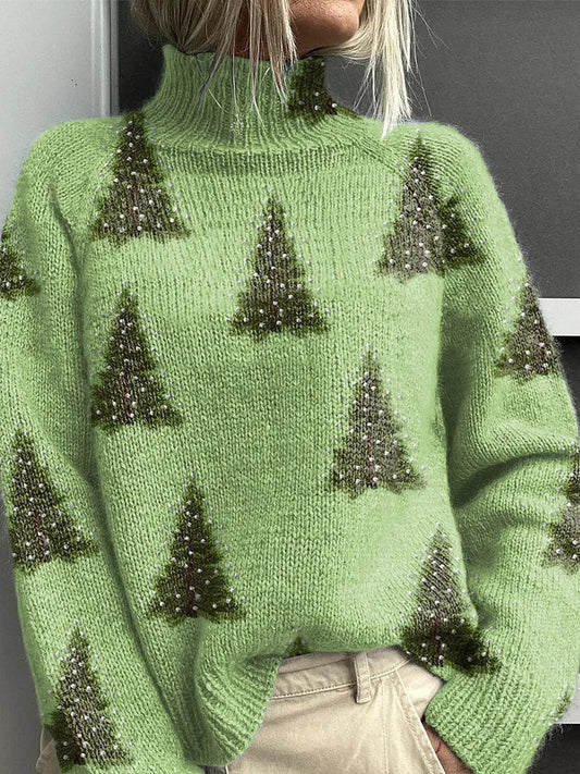 Women's Lovely Christmas Tree Art Print Knit Turtleneck Pullover Sweater