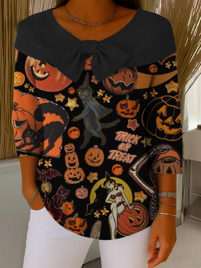 Halloween Ghost Cat Pumpkin Contrasting Colors Print Buttoned Cardigan Sweater