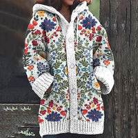 Vintage Floral Embroidery Pattern Cozy Hooded Cardigan