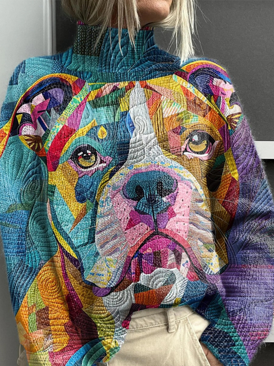Women's Lovely Pup Art Print Knit Turtleneck Pullover Sweater