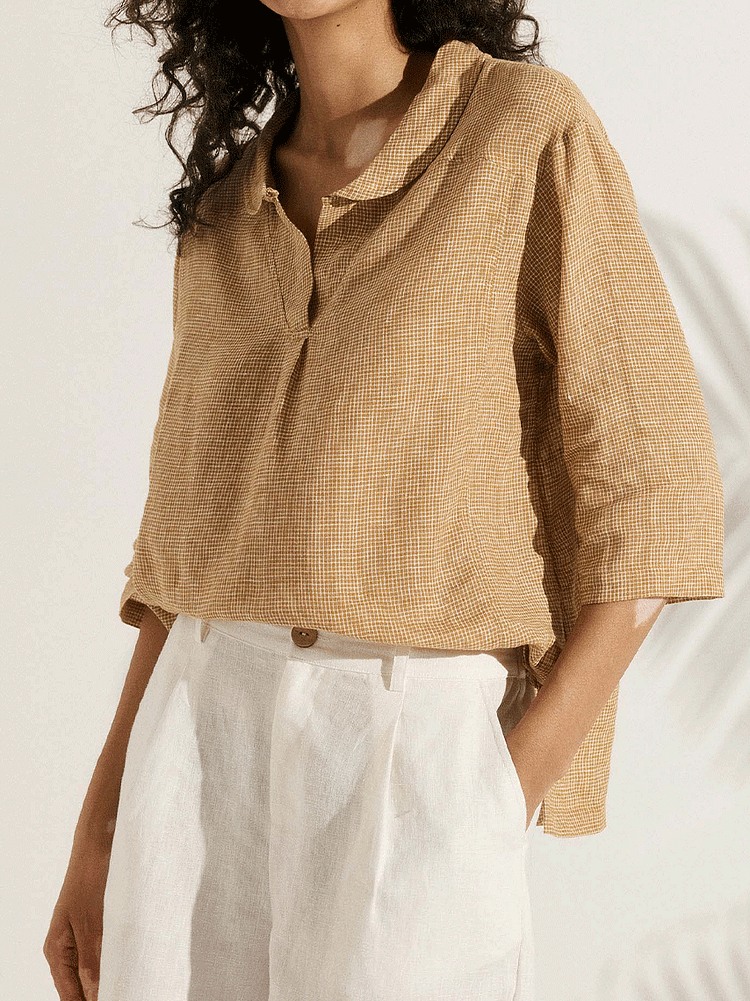 Women's Casual Checked Linen Classic Doll Collar Shirt