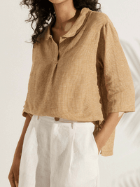 Women's Casual Checked Linen Classic Doll Collar Shirt