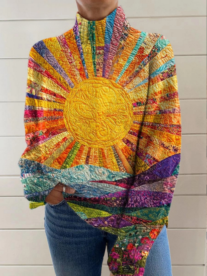 Women's Vintage Lovely Sun Floral Patchwork Art Print Knit Turtleneck Pullover Sweater