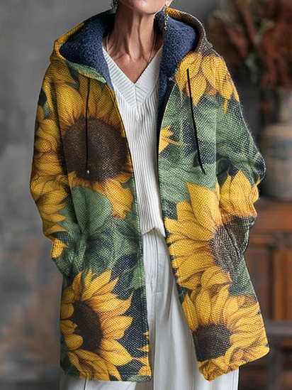 Beautiful Big Sunflower Painting Art Print Unisex Plush Thick Long-Sleeved Sweater Cardigan Coat