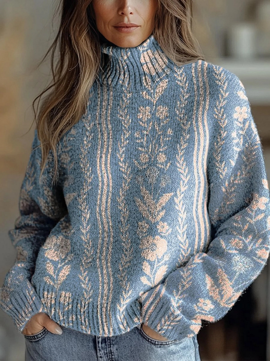 Vintage Blue Floral Stripes Print Knit Turtleneck Pullover Sweater