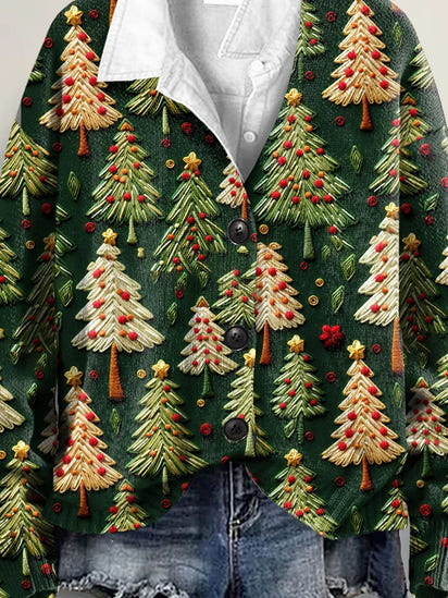 Cute Christmas Tree 3D Art Print Buttoned V-neck Cardigan Sweater