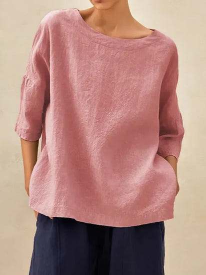 Women'S Linen Boat Neck Three Quarter Sleeve Top
