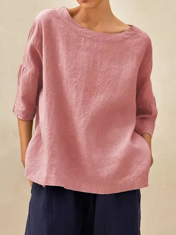 Women'S Linen Boat Neck Three Quarter Sleeve Top