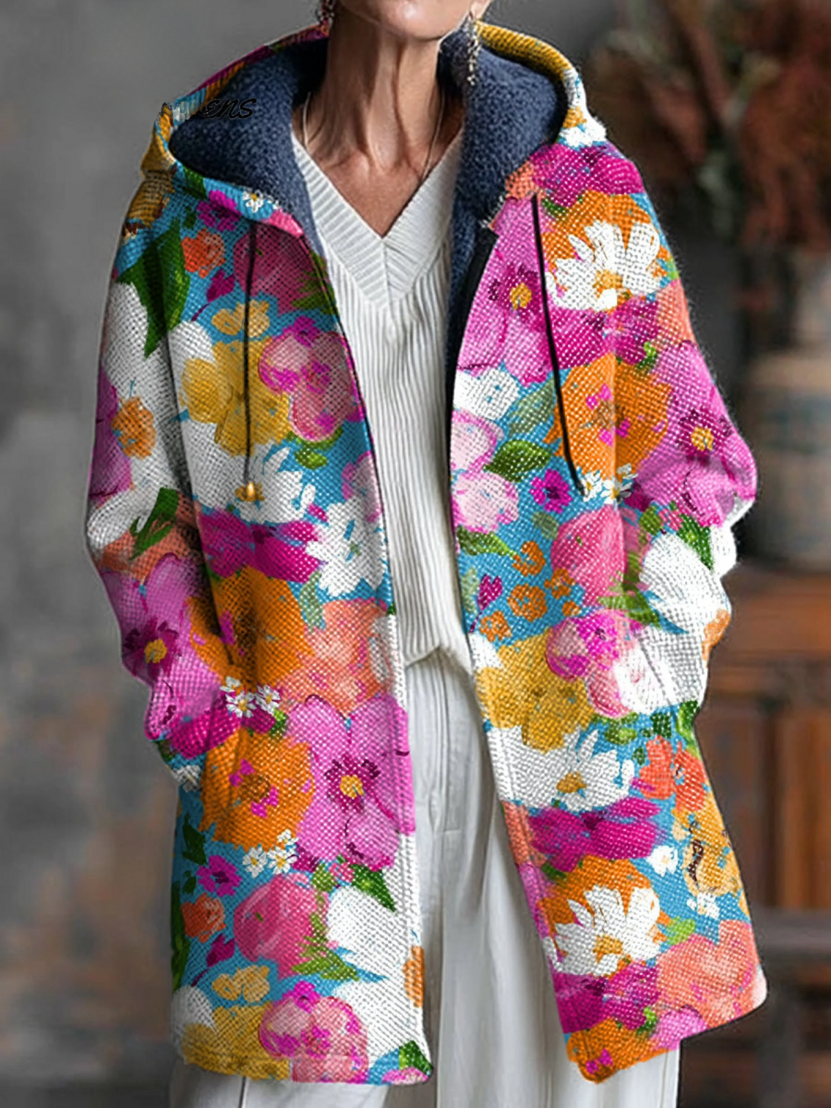 Beautiful Colorful Abstract Floral Art Print Unisex Plush Thick Long-Sleeved Sweater Cardigan Coat