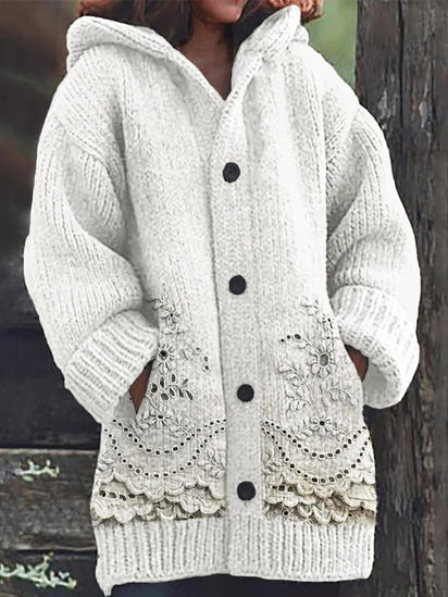 Vintage Floral Embroidered Lace Cozy Knit Hooded Cardigan