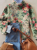 Women's Vintage Lovely Floral Art Print Knit Turtleneck Pullover Sweater