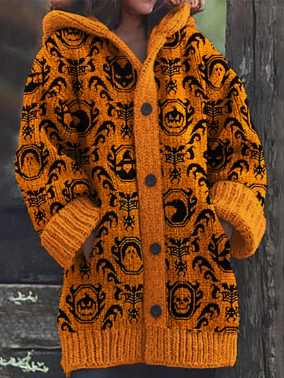 Halloween Elements Gothic Pattern Cozy Knit Hooded Cardigan