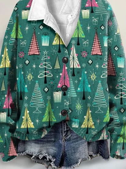 Vintage Christmas Tree Art Print Buttoned V-neck Cardigan Sweater