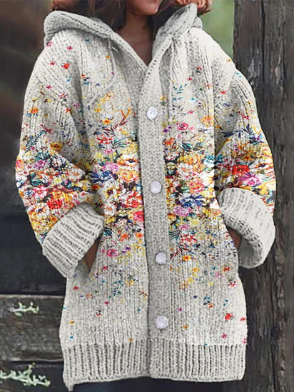 Flower Painting Art Warm Cozy Hooded Cardigan