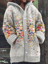 Flower Painting Art Warm Cozy Hooded Cardigan
