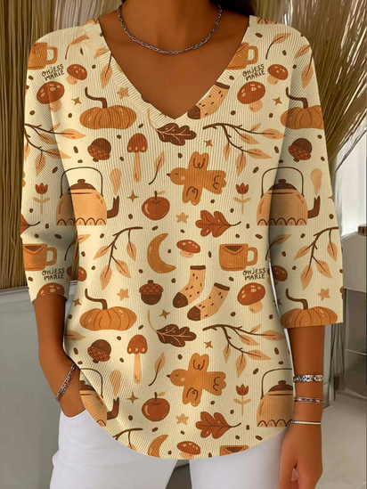 Women's Halloween Print V-Neck 3/4 Sleeve Casual Sweater