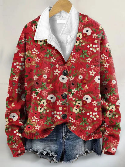 Lovely Christmas Floral  Art Print Buttoned V-neck Cardigan Sweater
