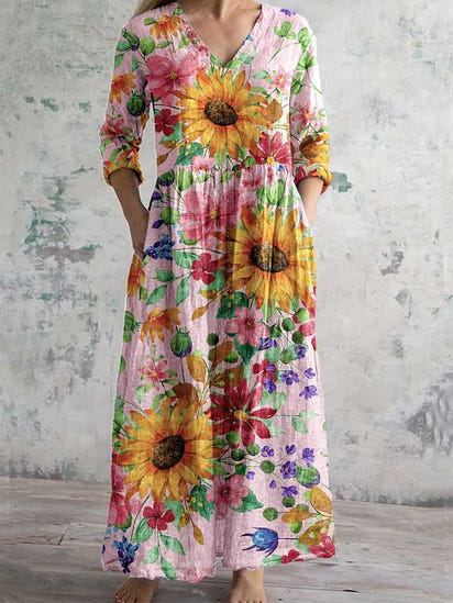 Women's Elegant Sunflower Floral V-Neck Cotton and Linen Dress