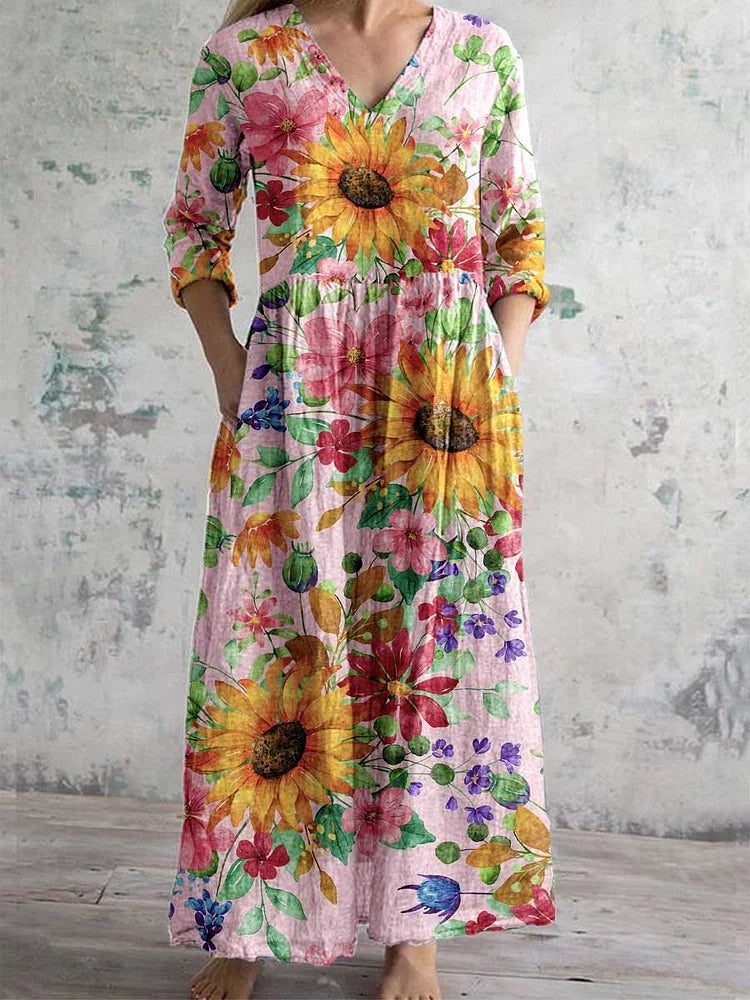 Women's Elegant Sunflower Floral V-Neck Cotton and Linen Dress
