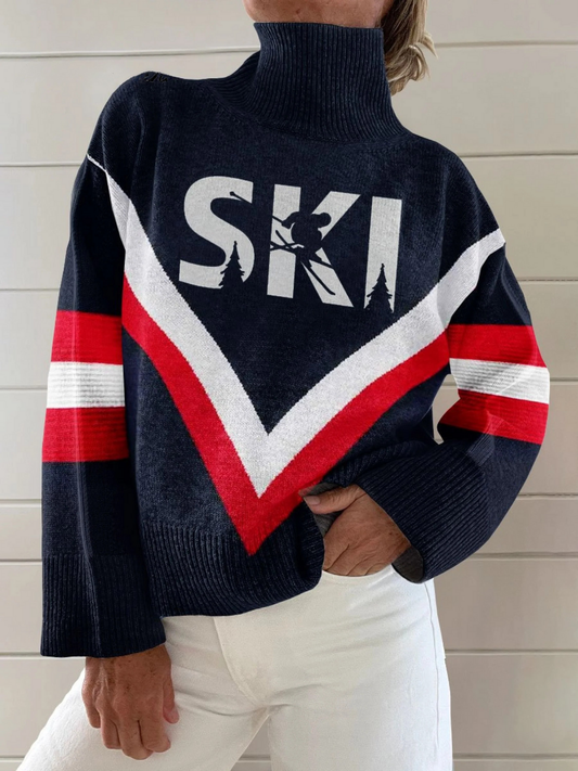 Vintage Winter Ski Print Knit Turtleneck Pullover Sweater