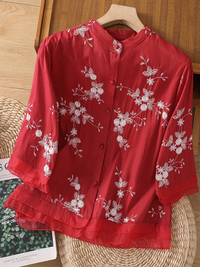Art Retro Embroidery 3/4 Sleeve Patchwork Shirt
